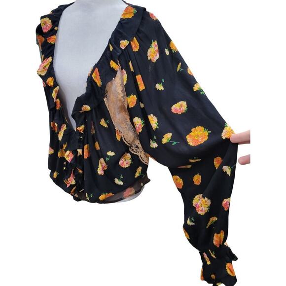 Free People Women's Poppy Floral Print‎ Lace Bodysuit Size Medium Black - Picture 8 of 16